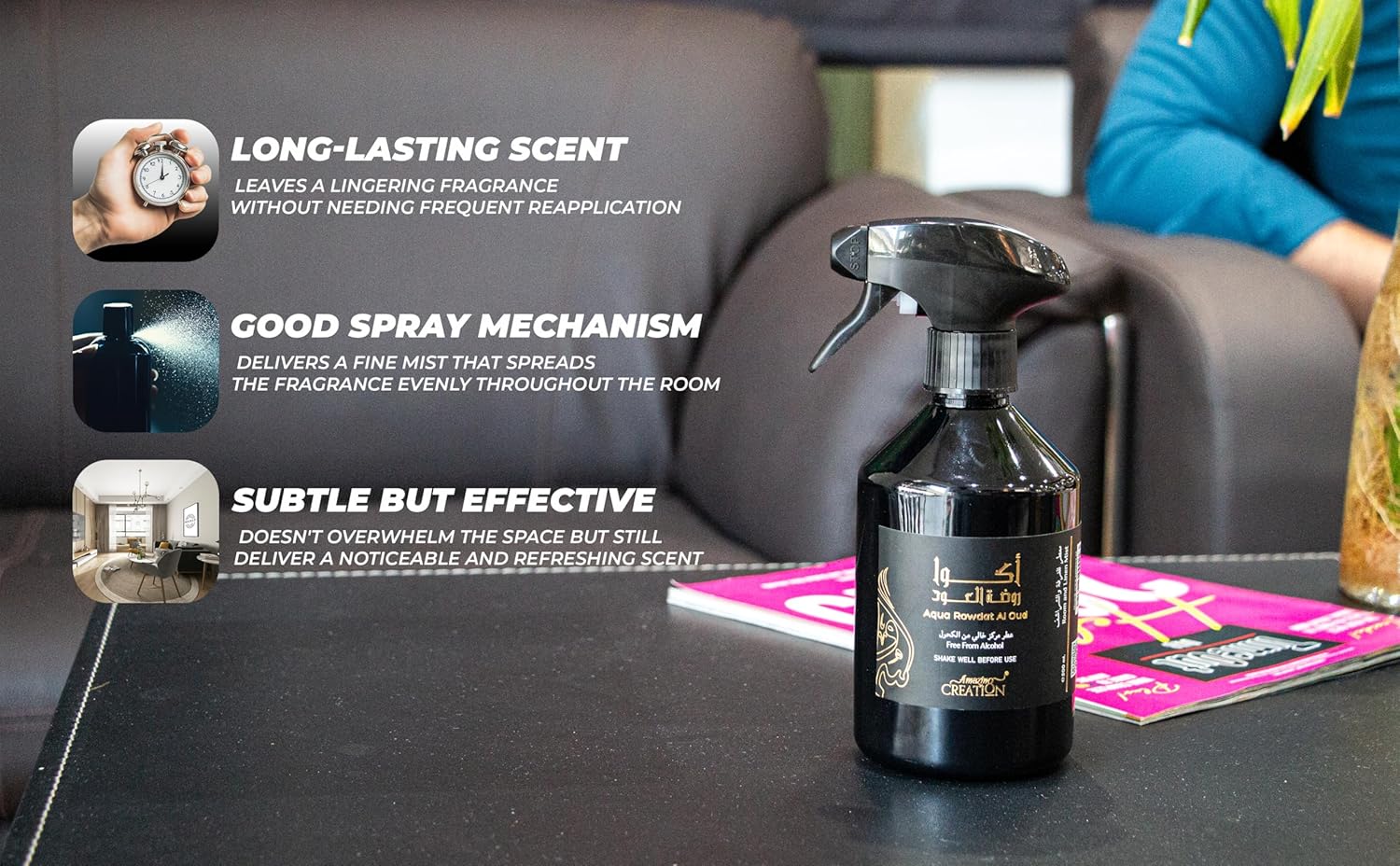 Amazing Creation Aqua Rowdat Al Oud Room And Linen Mist, Room Freshener 500ml - Alcohol Free - Image 6